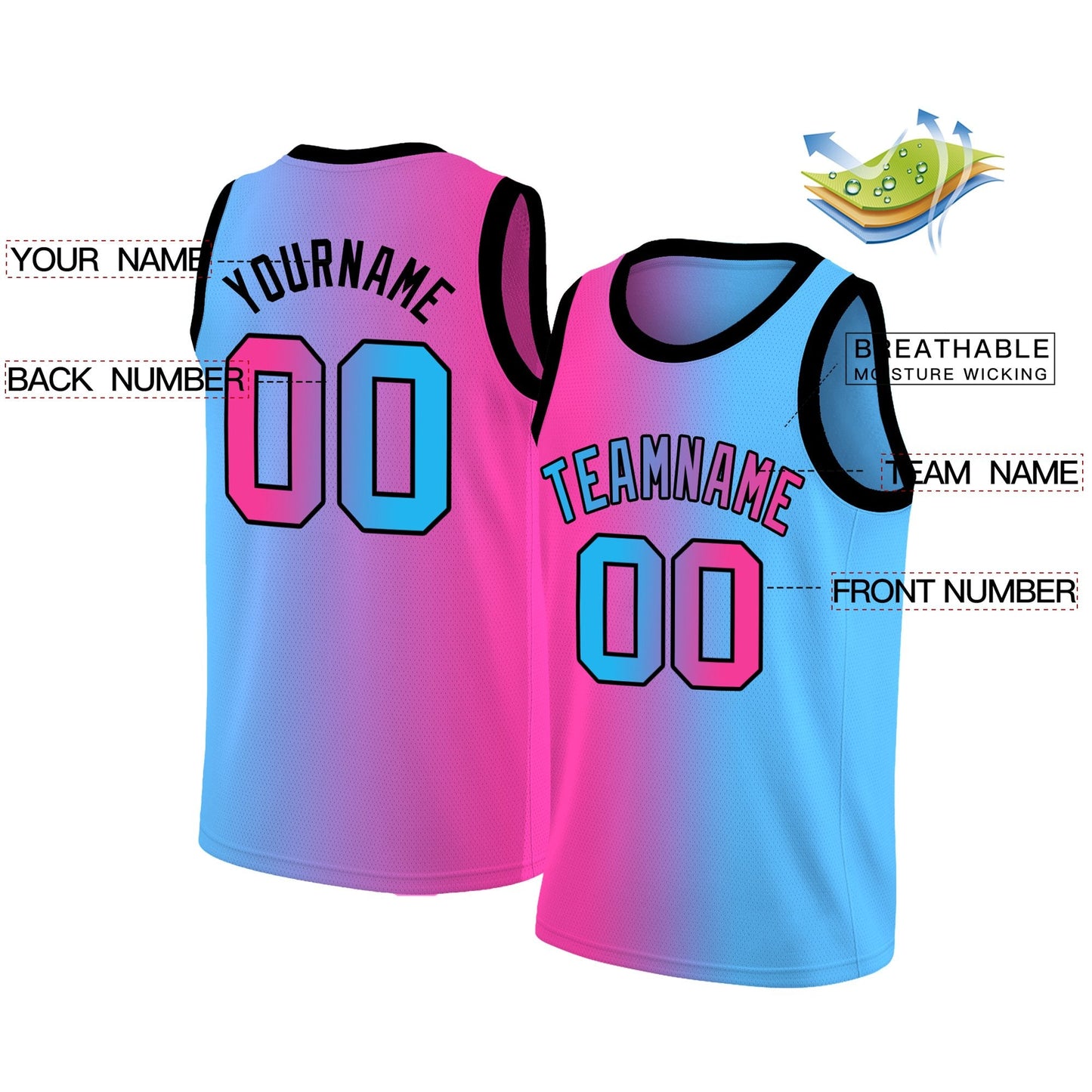 Custom Pink Black-Light Blue Gradient Fashion Tops Basketball Jersey Limited