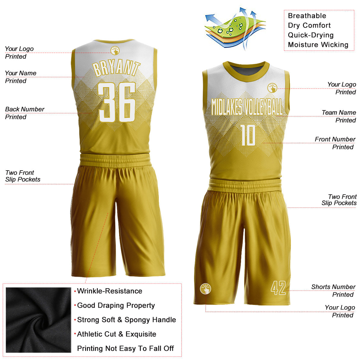 Custom Old Gold White Round Neck Sublimation Basketball Suit Jersey Limited