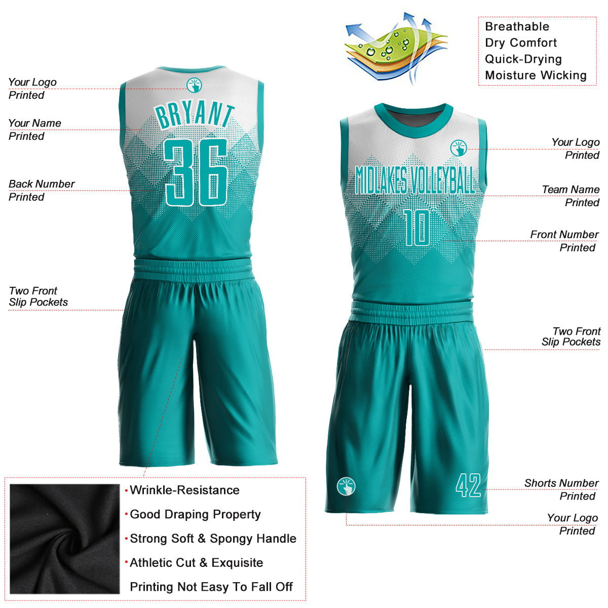 Custom White Aqua Round Neck Sublimation Basketball Suit Jersey Limited