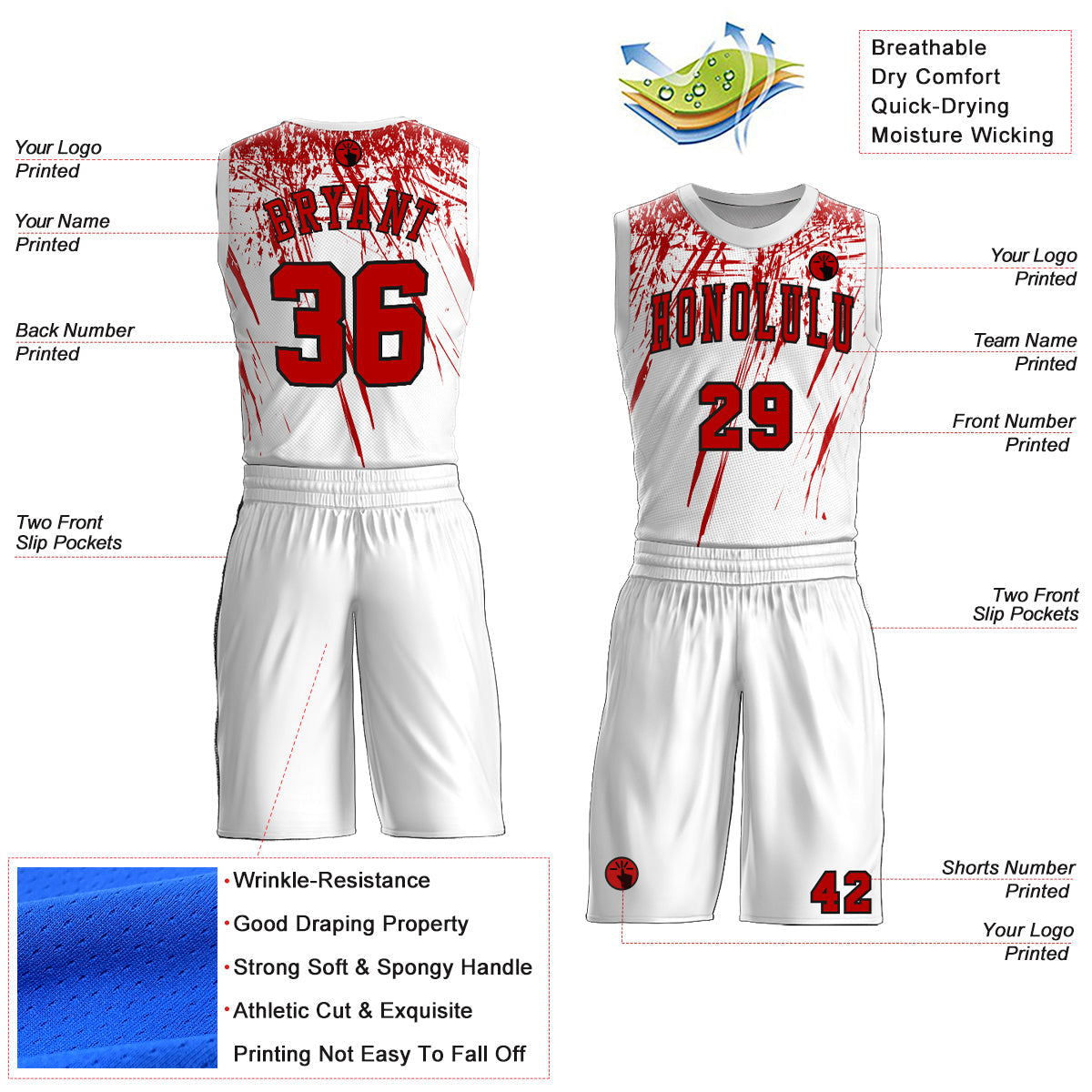 Custom White Red=Black Round Neck Sublimation Basketball Suit Jersey Limited