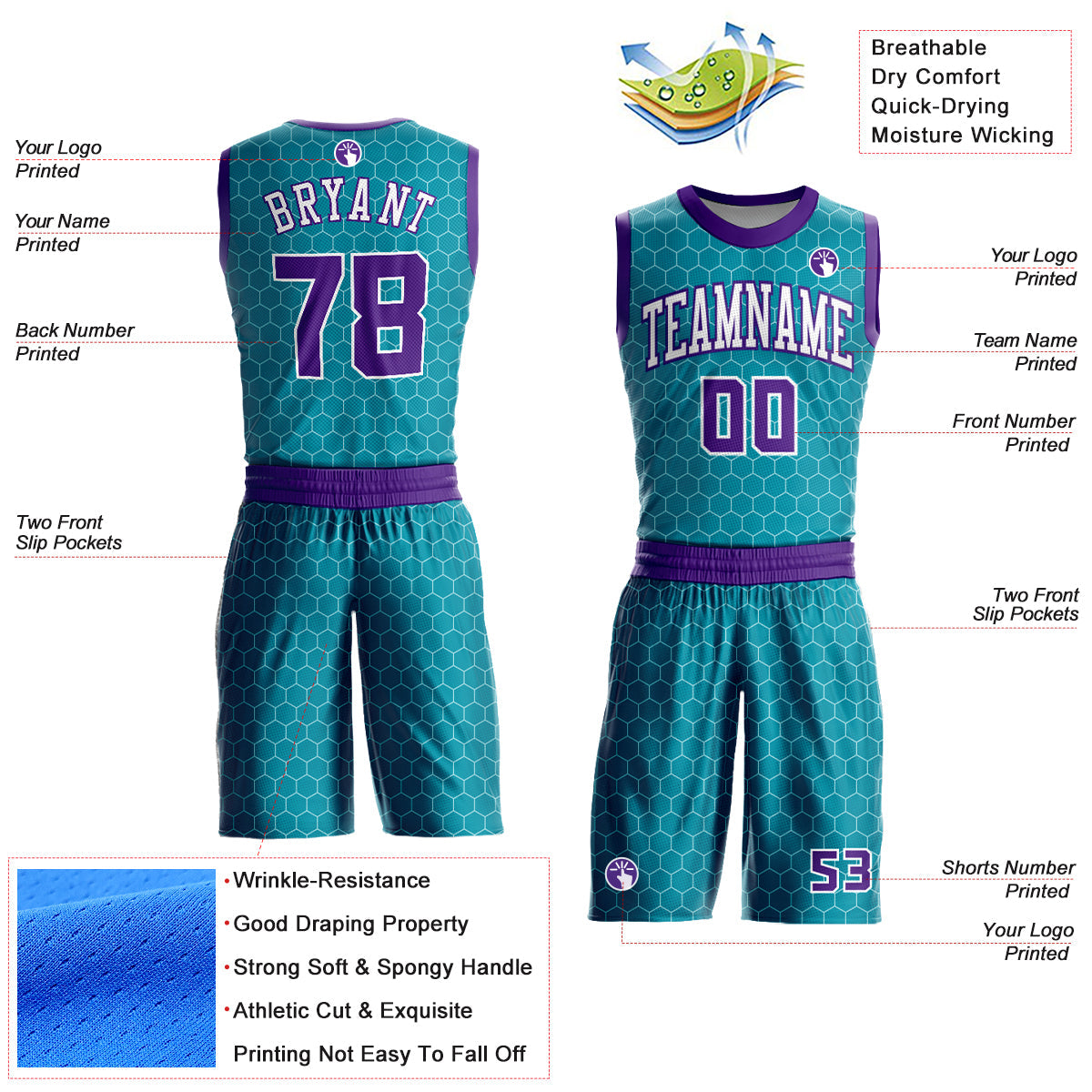 Custom Teal Purple-White Round Neck Sublimation Basketball Suit Jersey Limited