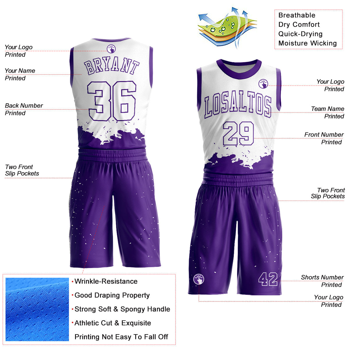 Custom White Purple Color Splash Round Neck Sublimation Basketball Suit Jersey Limited