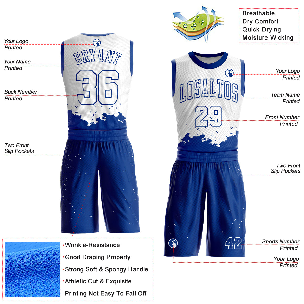 Custom White Royal Color Splash Round Neck Sublimation Basketball Suit Jersey Limited