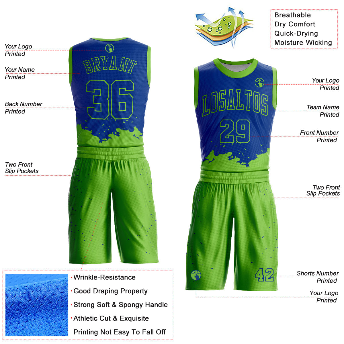 Custom Royal Neon Green Color Splash Round Neck Sublimation Basketball Suit Jersey Limited
