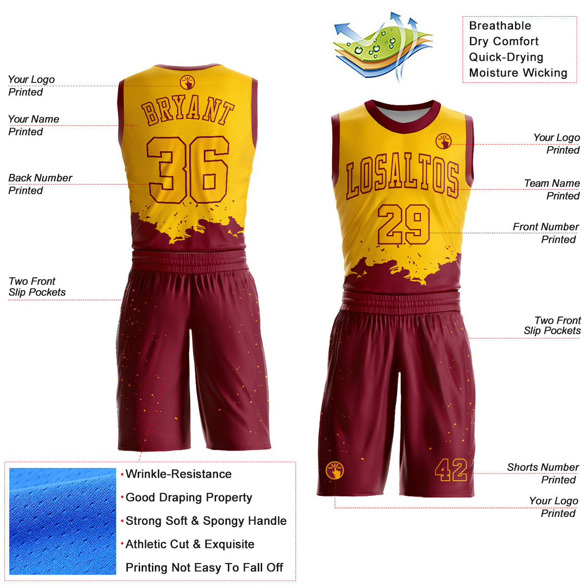 Custom Yellow Maroon Color Splash Round Neck Sublimation Basketball Suit Jersey Limited