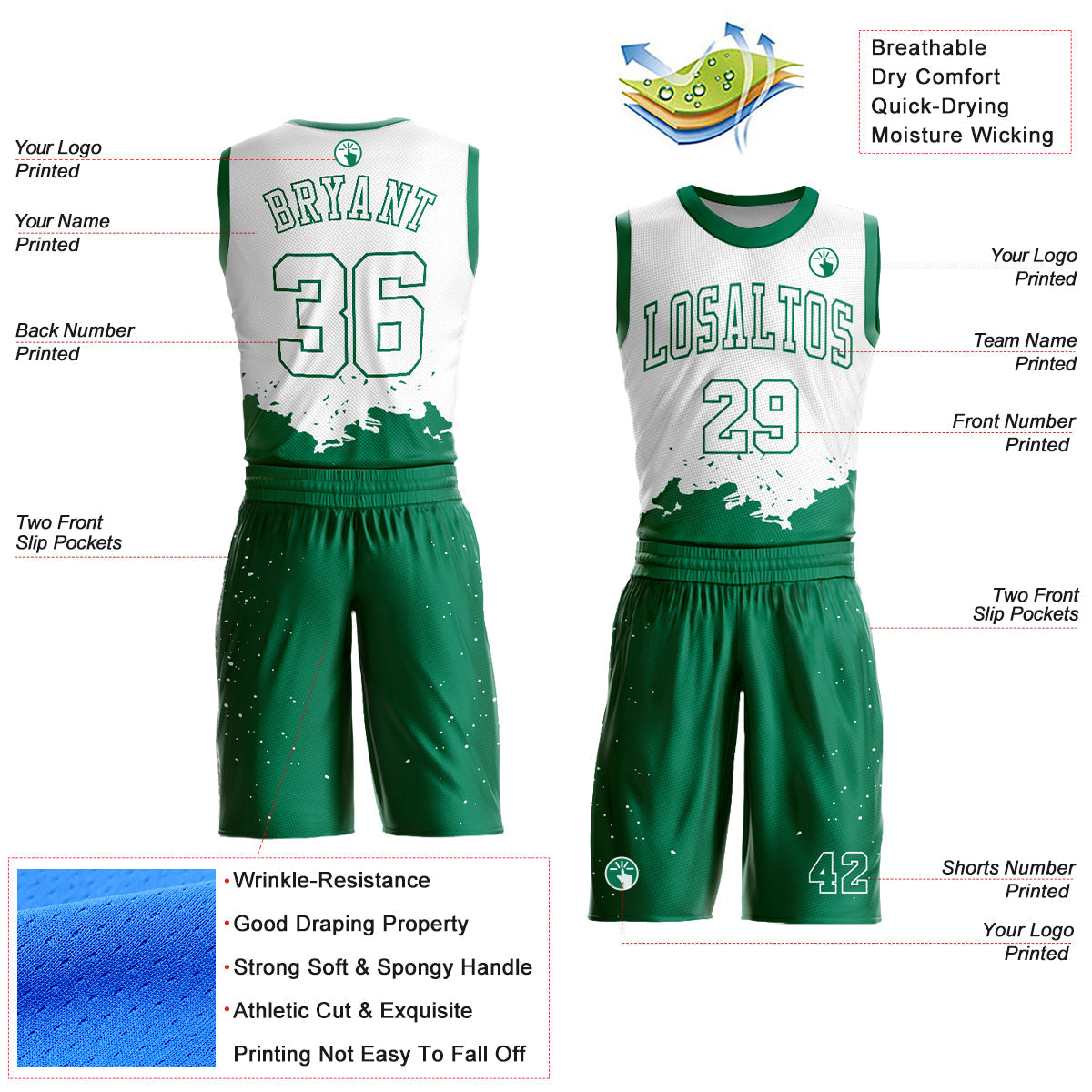 Custom White Kelly Green Color Splash Round Neck Sublimation Basketball Suit Jersey Limited