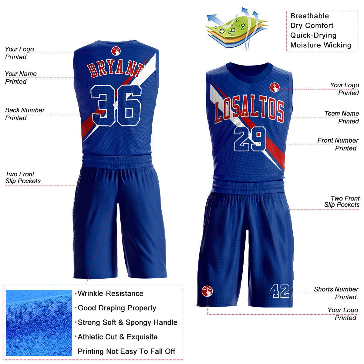 Custom Royal White-Red Diagonal Lines Round Neck Sublimation Basketball Suit Jersey Limited