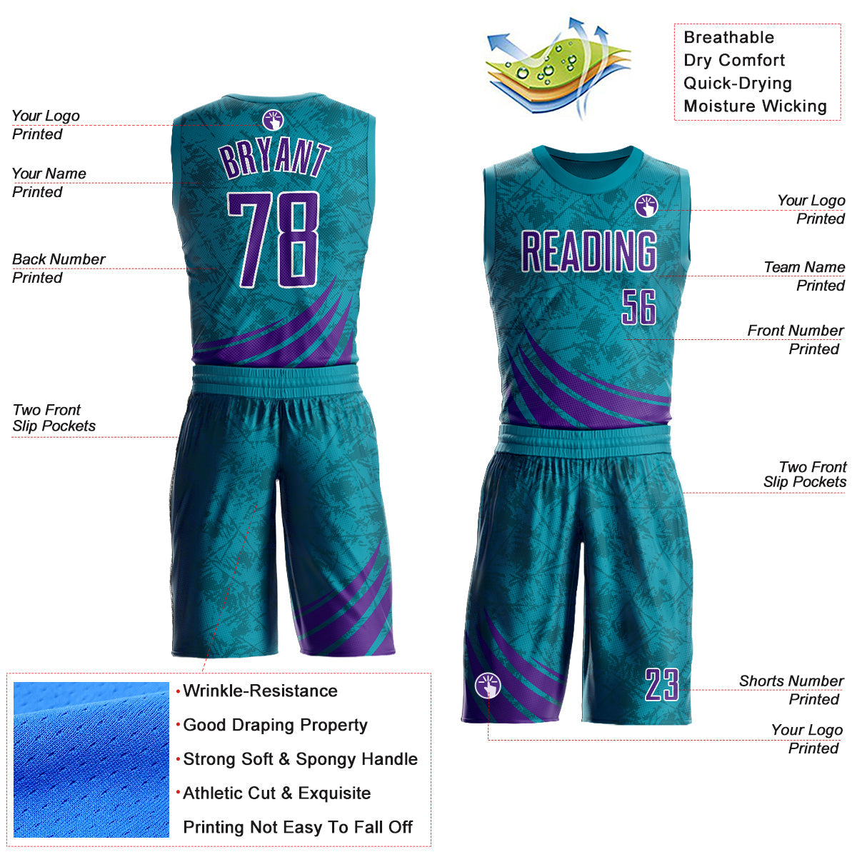 Custom Teal Purple-White Wind Shapes Round Neck Sublimation Basketball Suit Jersey Limited