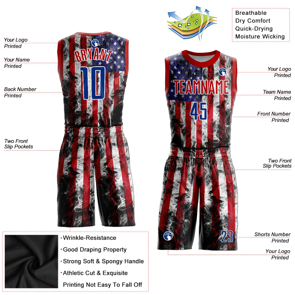 Custom White Royal-Red American Flag Fashion Round Neck Sublimation Basketball Suit Jersey Limited