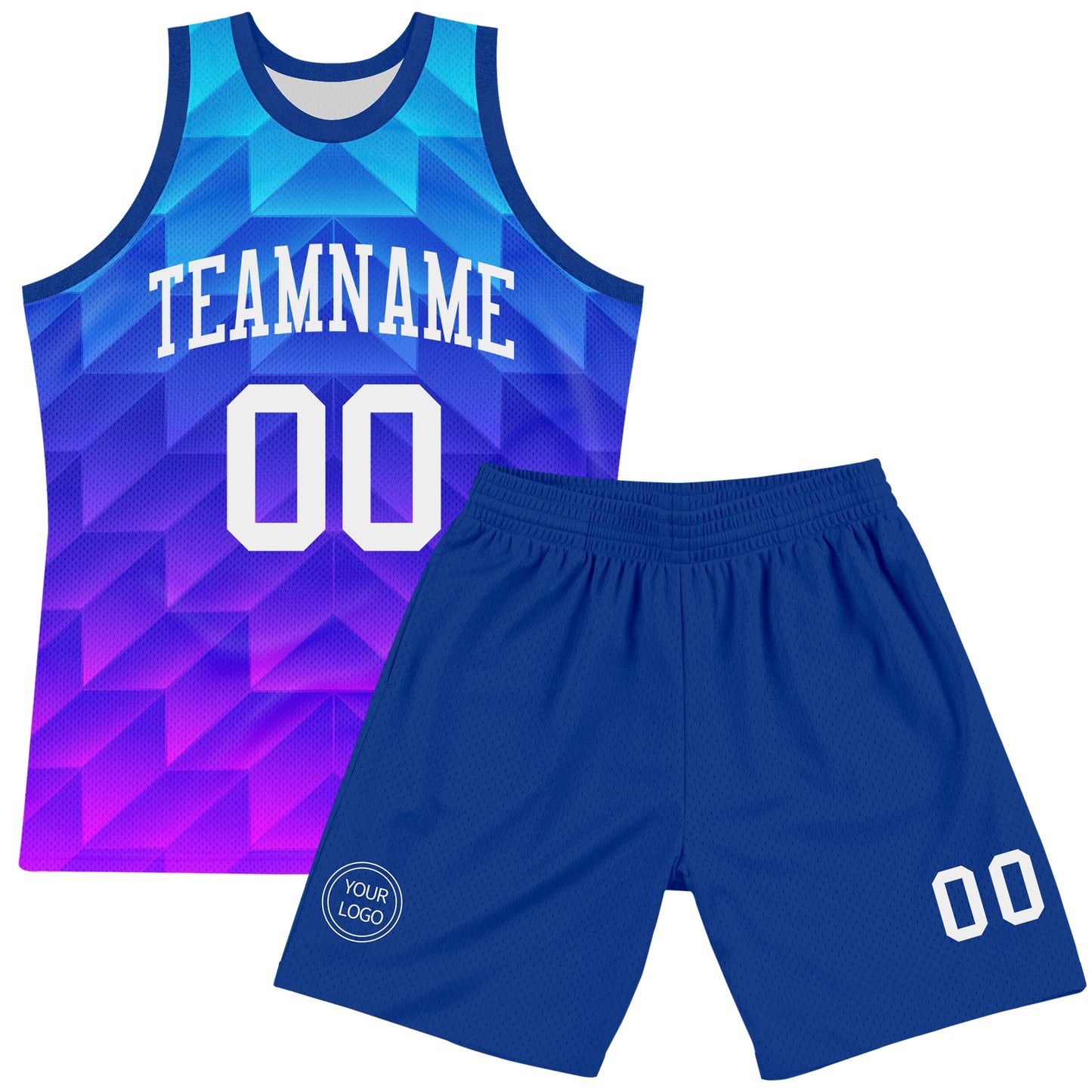 Custom Royal White-Hot Pink Gradient Geometric Shape Round Neck Sublimation Basketball Suit Jersey Limited