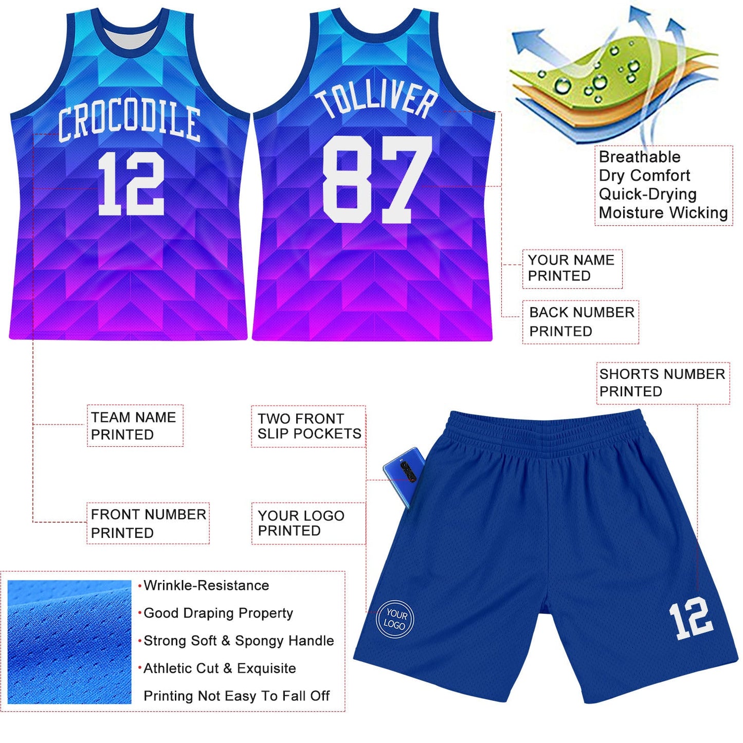 Custom Royal White-Hot Pink Gradient Geometric Shape Round Neck Sublimation Basketball Suit Jersey Limited