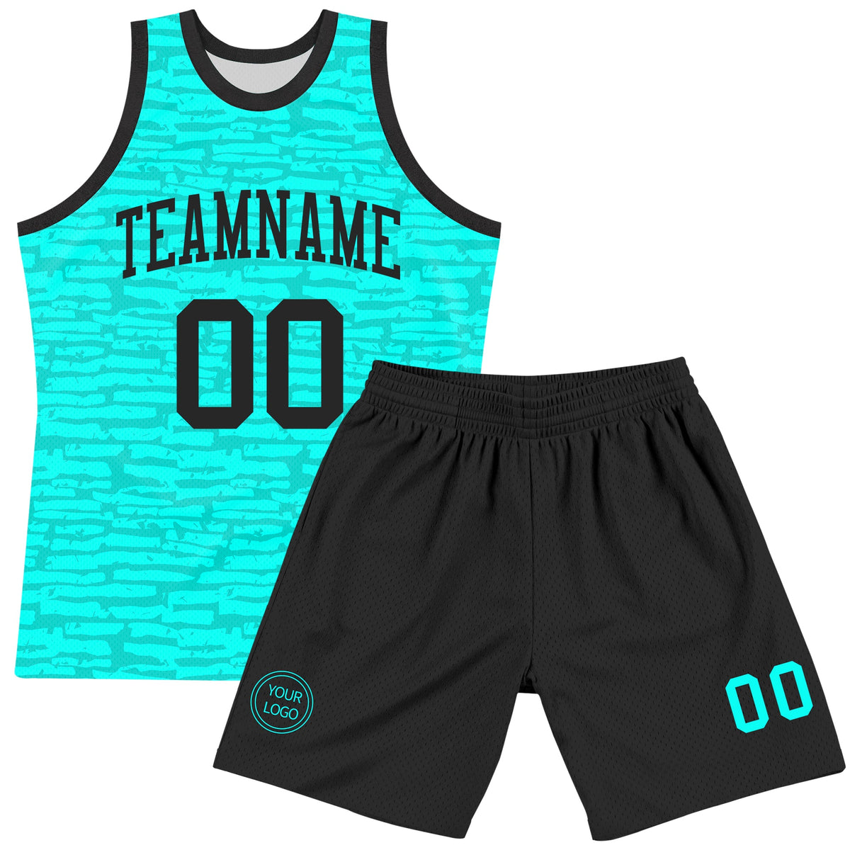 Custom Aqua Black Fragment Art Round Neck Sublimation Basketball Suit Jersey Limited
