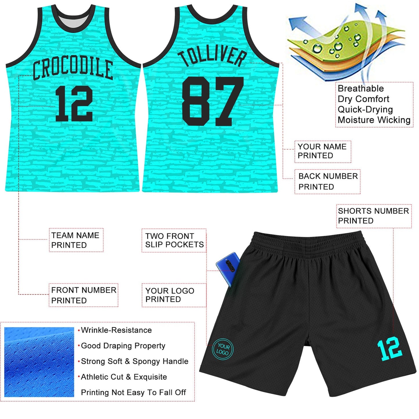 Custom Aqua Black Fragment Art Round Neck Sublimation Basketball Suit Jersey Limited