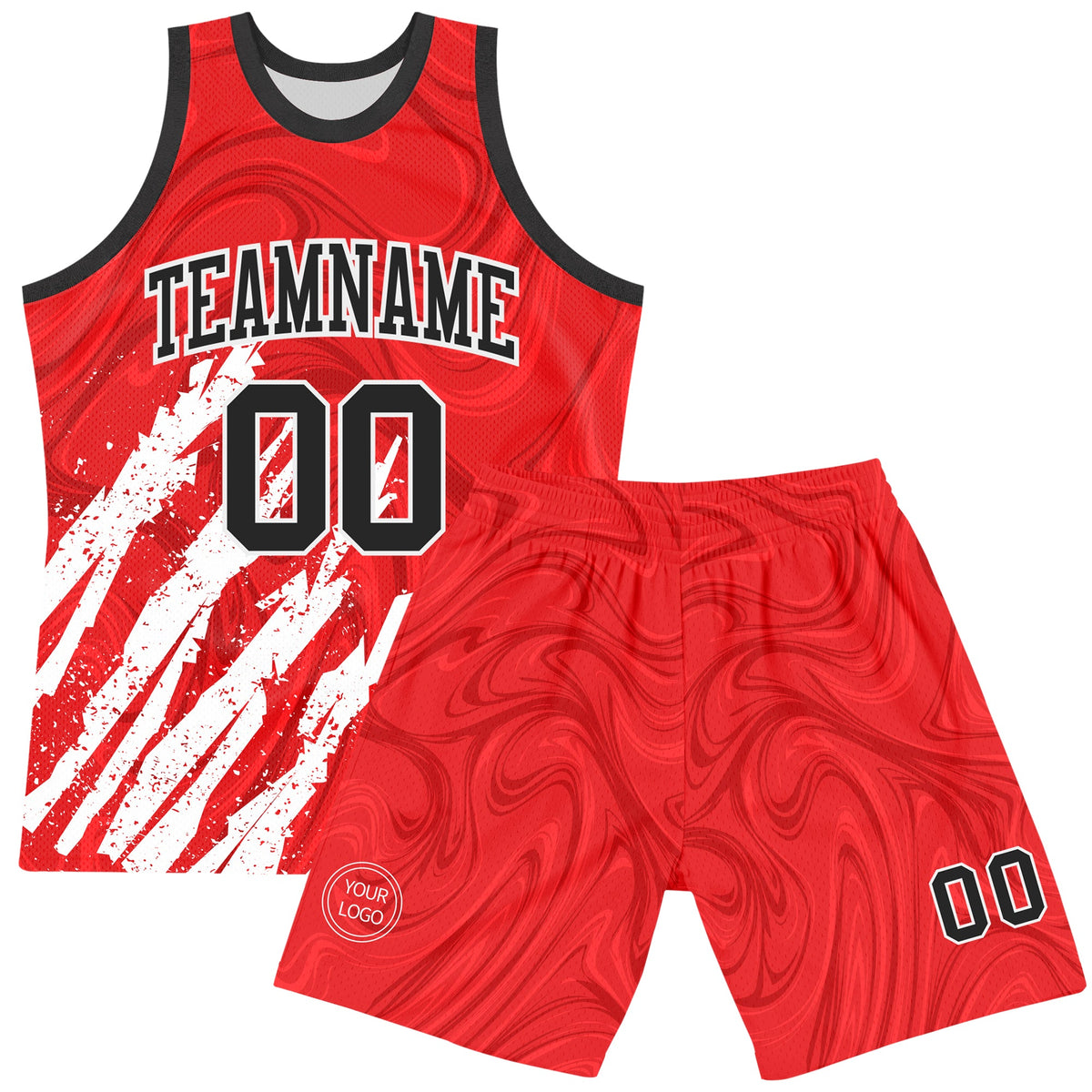 Custom Red Black-White Splash Round Neck Sublimation Basketball Suit Jersey Limited