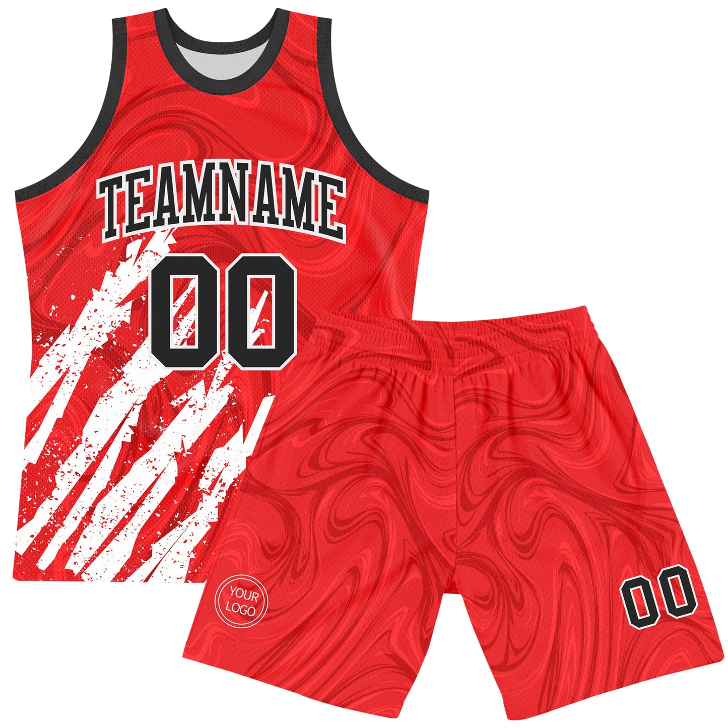 Custom Red Black-White Splash Round Neck Sublimation Basketball Suit Jersey Limited