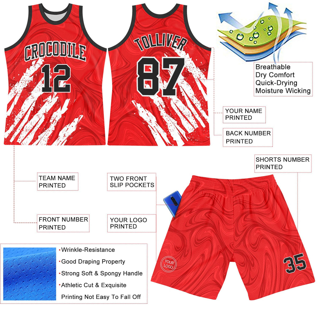 Custom Red Black-White Splash Round Neck Sublimation Basketball Suit Jersey Limited