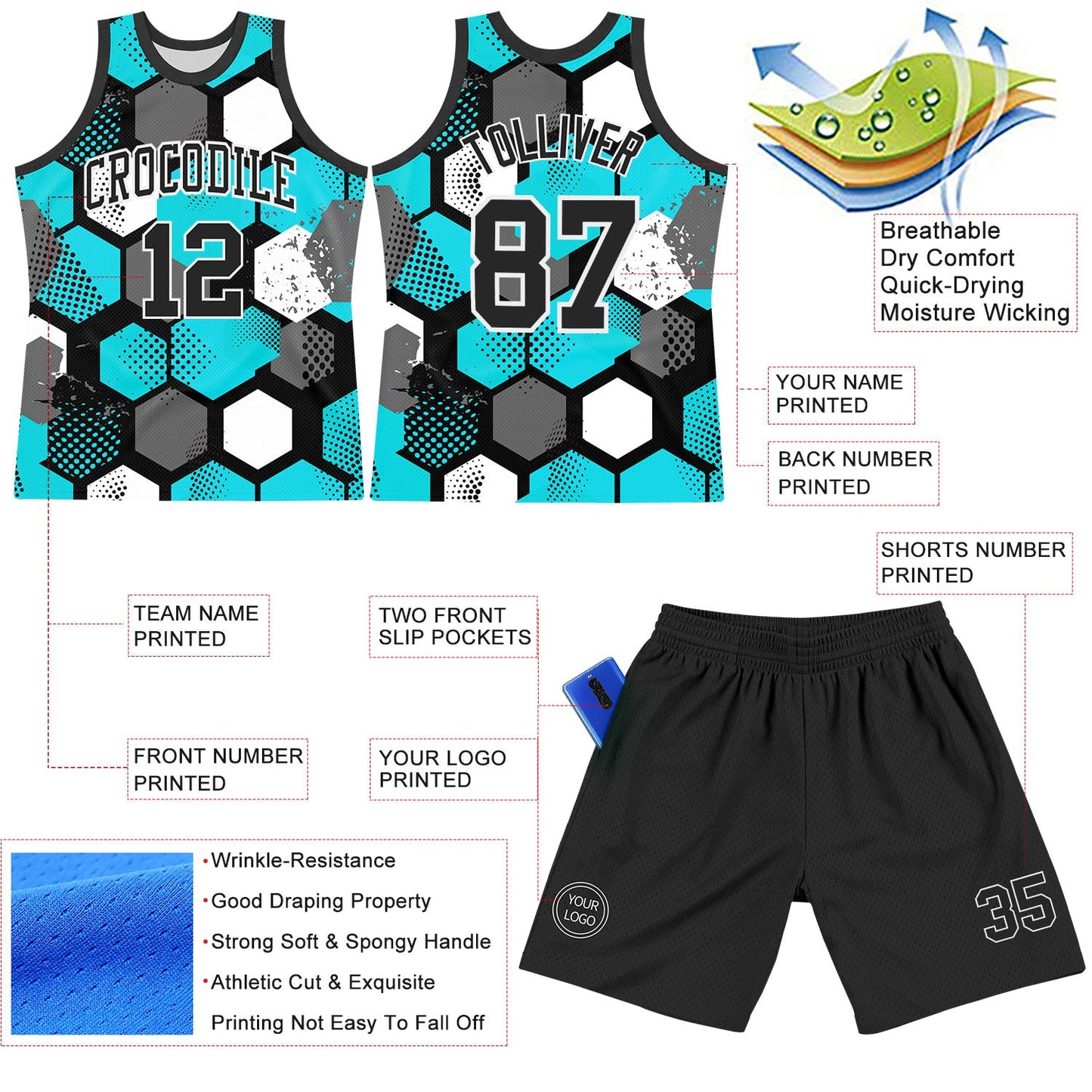 Custom Aqua Black-White Geometric Shape Round Neck Sublimation Basketball Suit Jersey Limited