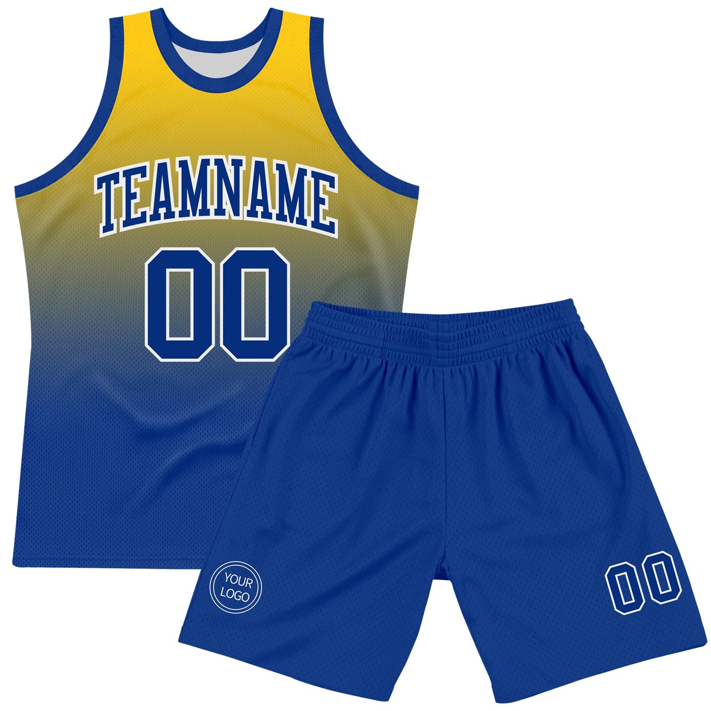 Custom Yellow Royal-White Fade Fashion Round Neck Sublimation Basketball Suit Jersey Limited