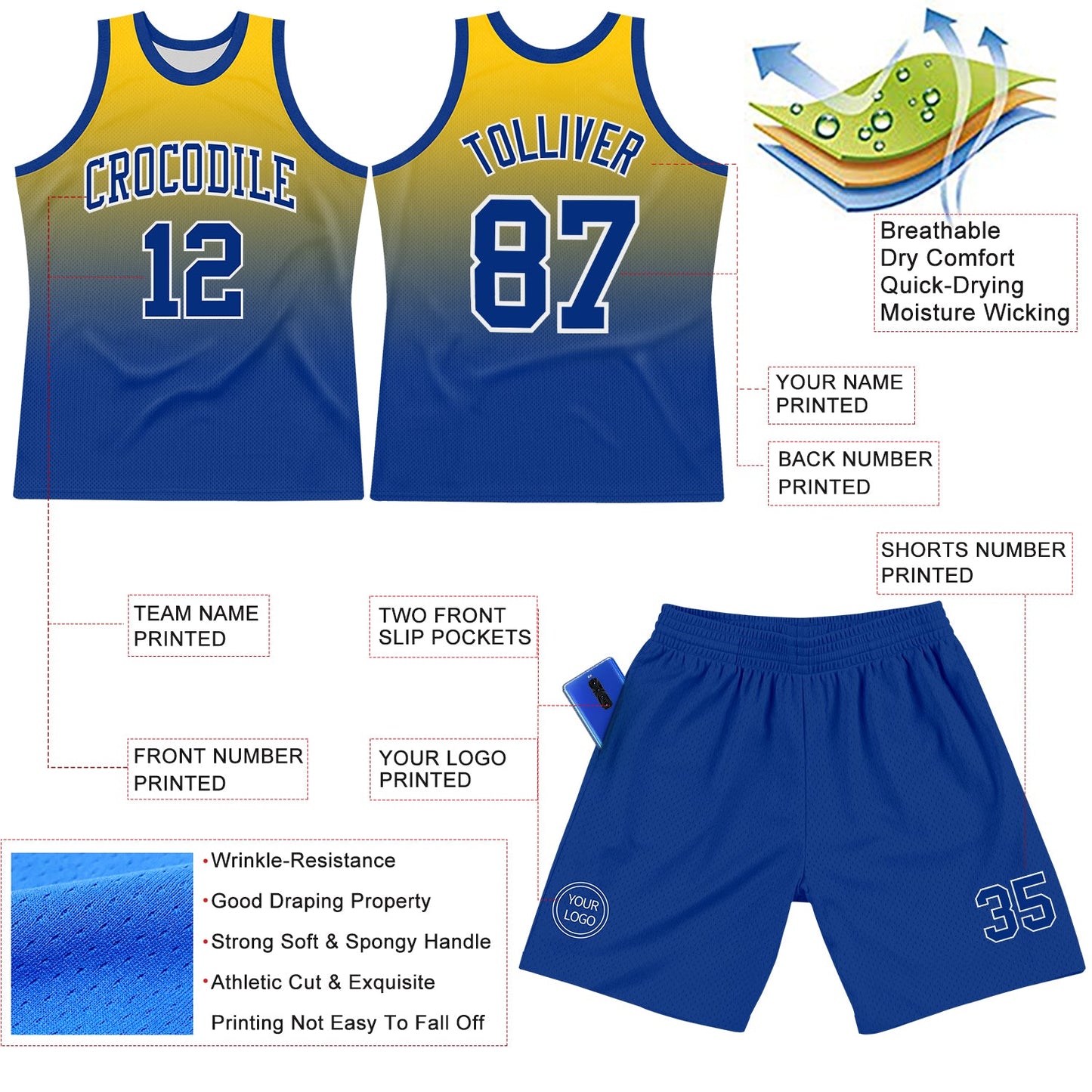 Custom Yellow Royal-White Fade Fashion Round Neck Sublimation Basketball Suit Jersey Limited