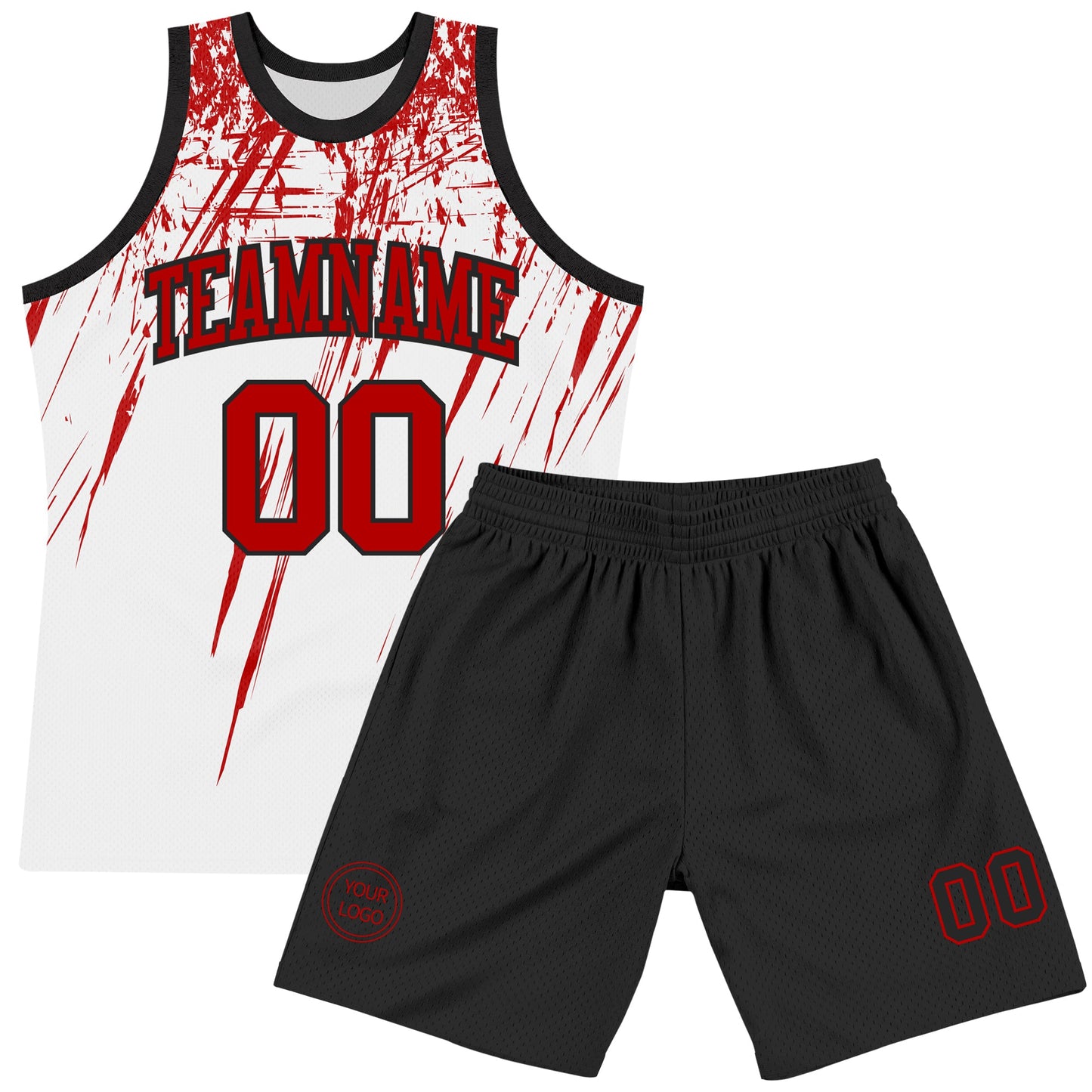 Custom White Red-Black Splash Round Neck Sublimation Basketball Suit Jersey Limited