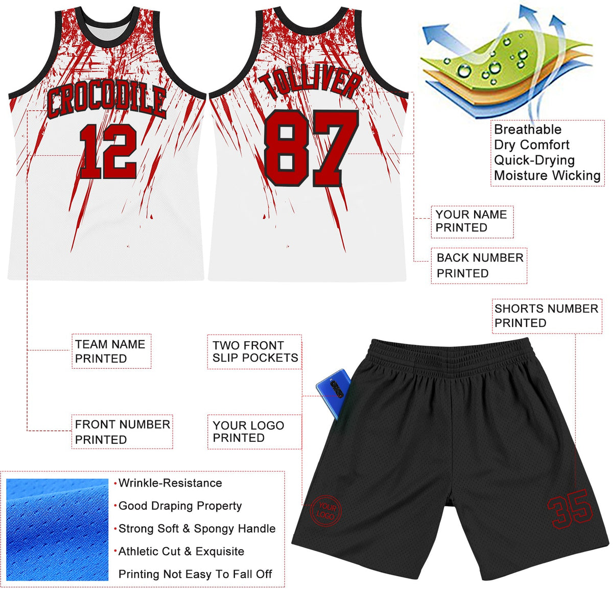 Custom White Red-Black Splash Round Neck Sublimation Basketball Suit Jersey Limited