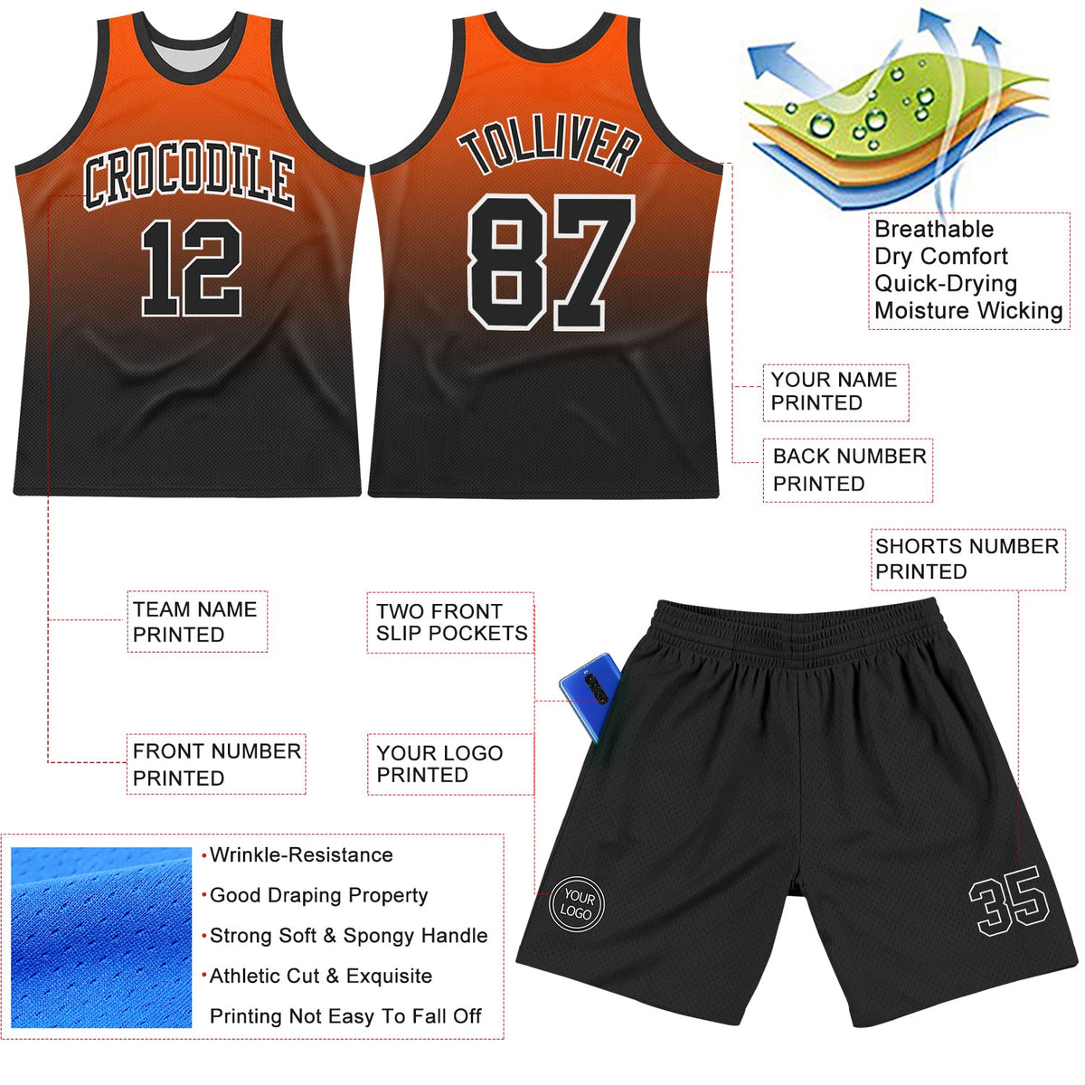 Custom Orange Black-White Gradient Square Shapes Round Neck Sublimation Basketball Suit Jersey Limited