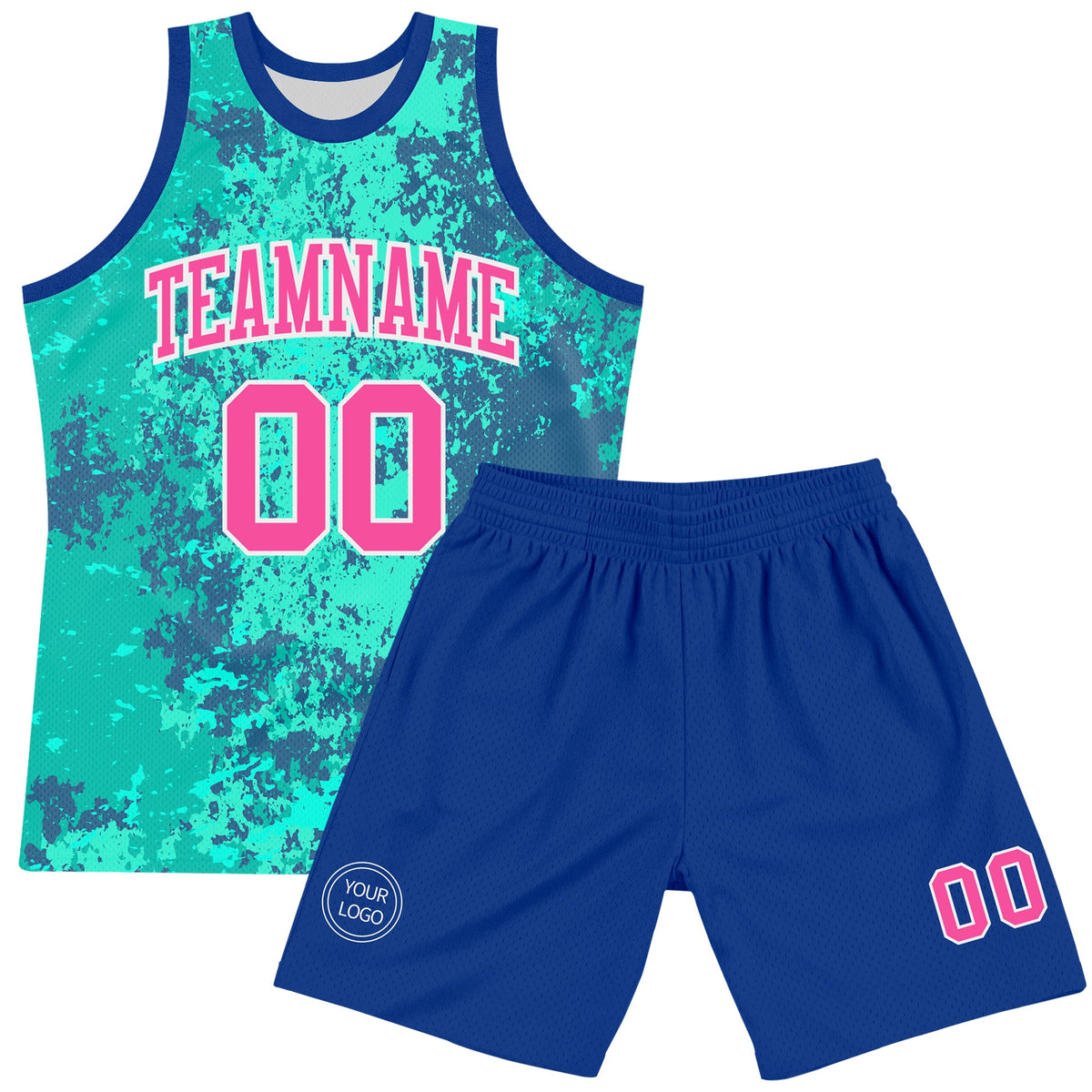 Custom Teal Pink Royal-White Splash Round Neck Sublimation Basketball Suit Jersey Limited