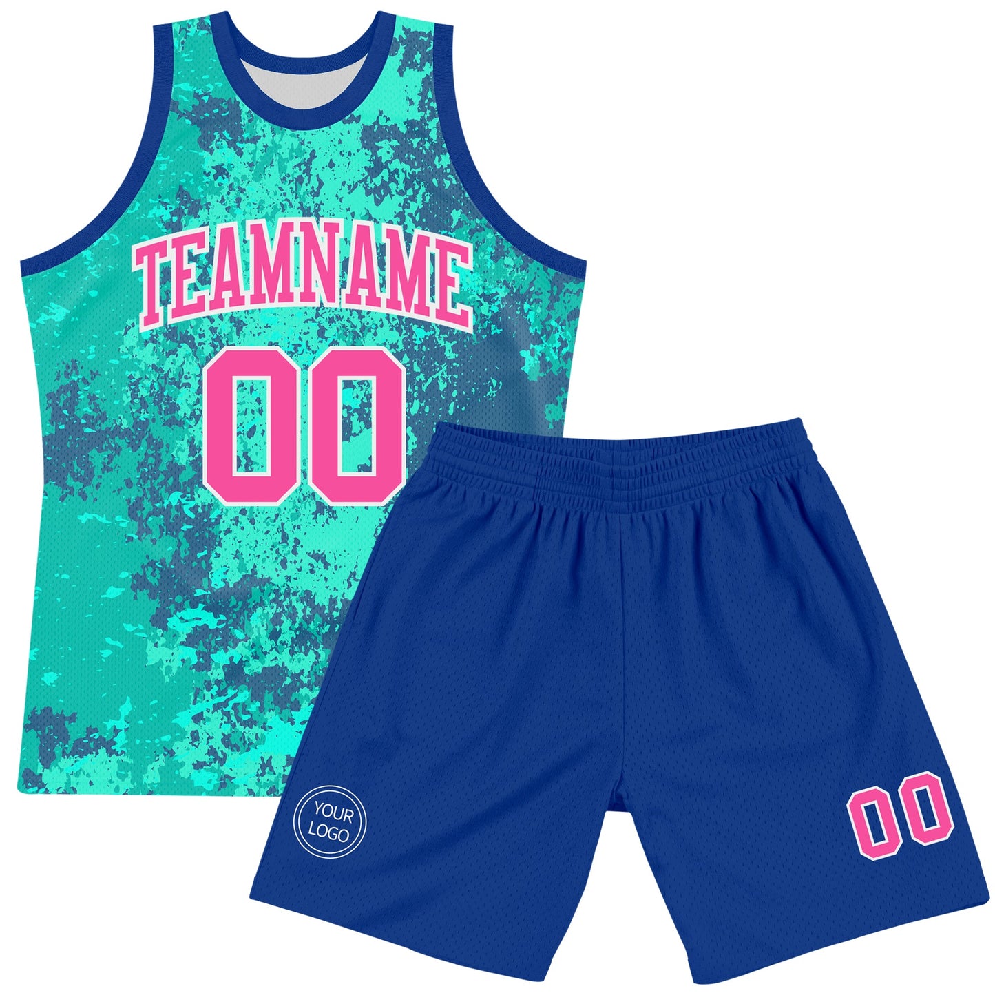 Custom Teal Pink Royal-White Splash Round Neck Sublimation Basketball Suit Jersey Limited