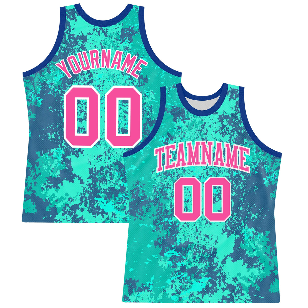 Custom Teal Pink Royal-White Splash Round Neck Sublimation Basketball Suit Jersey