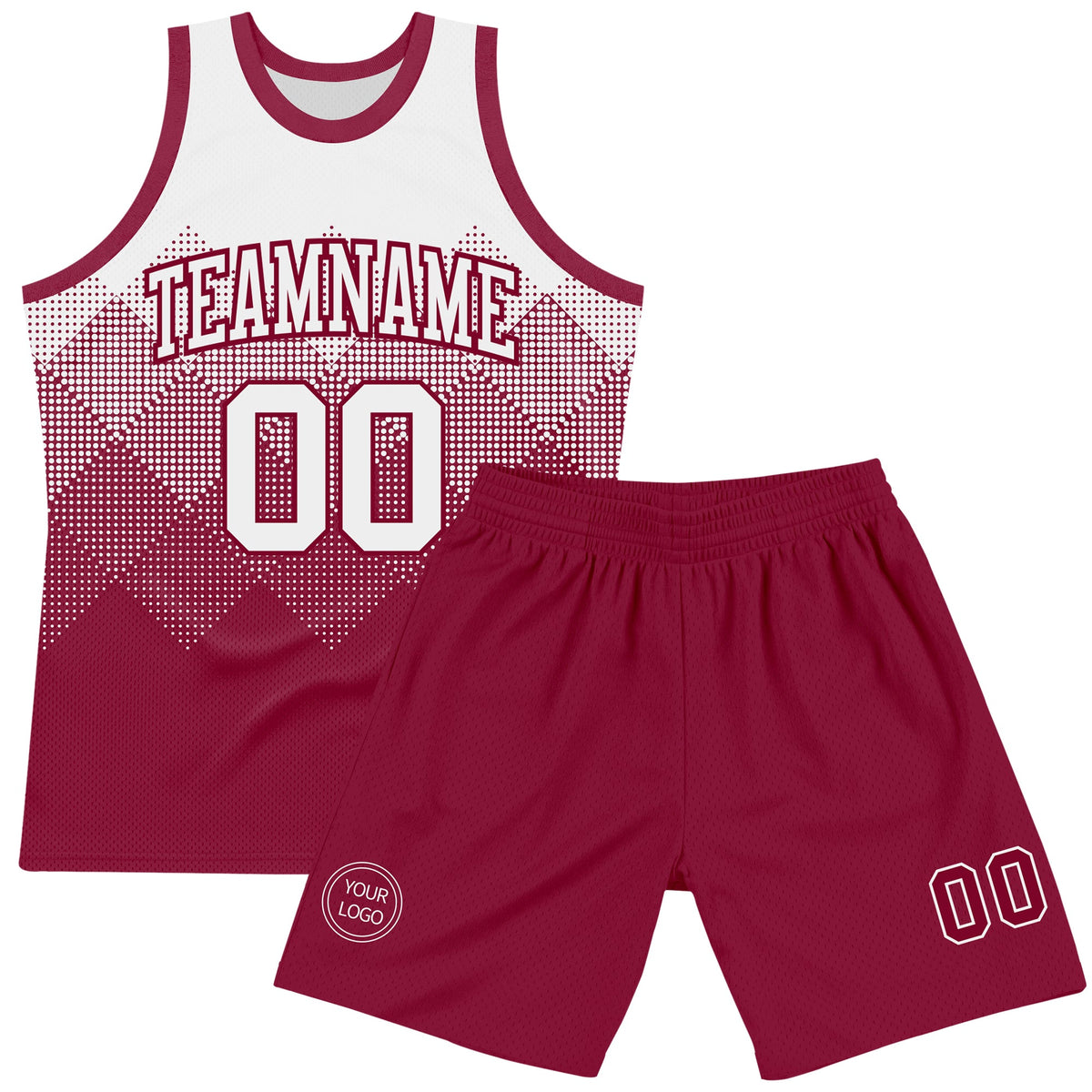 Custom White Maroon Gradient Square Shapes Round Neck Sublimation Basketball Suit Jersey Limited