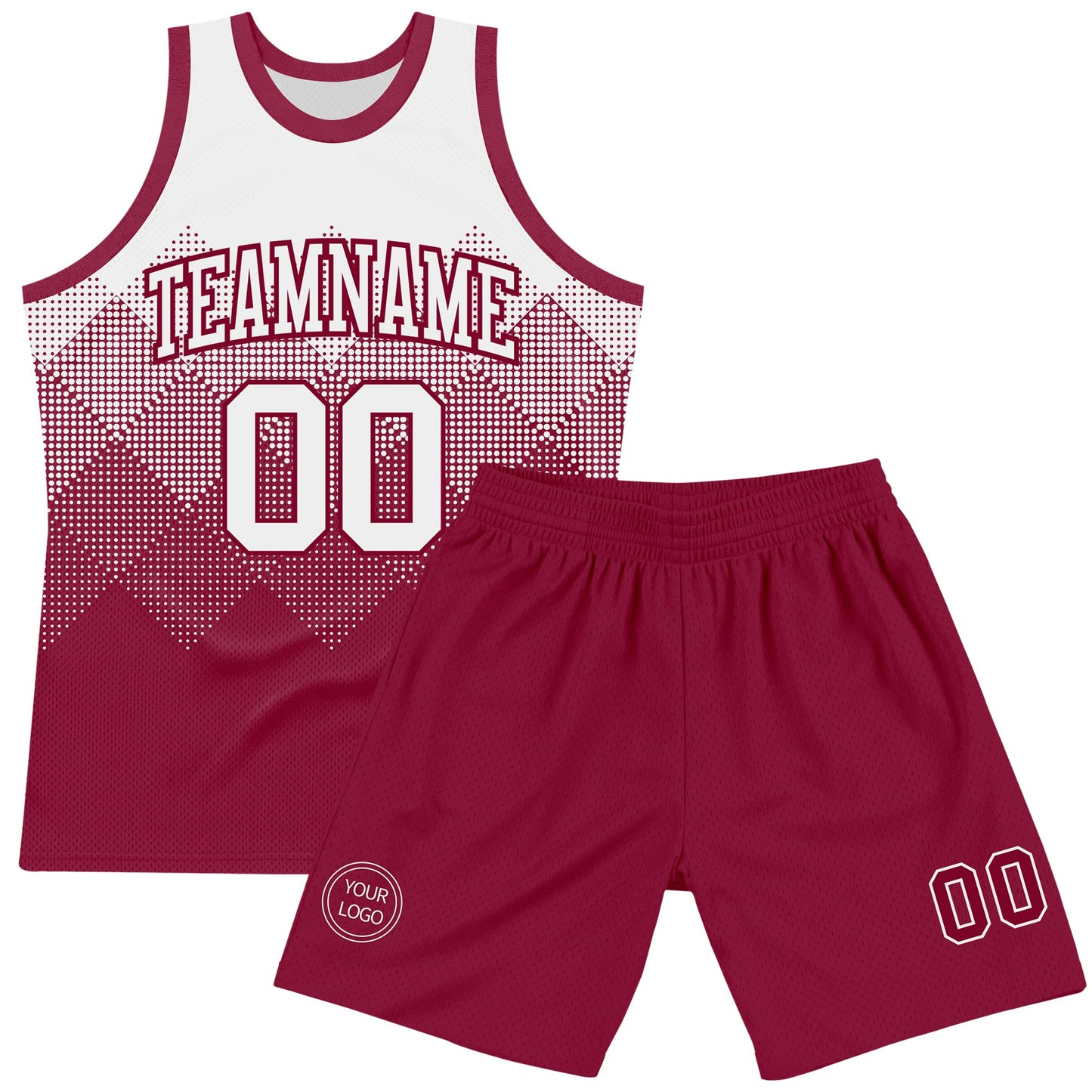 Custom White Maroon Gradient Square Shapes Round Neck Sublimation Basketball Suit Jersey Limited