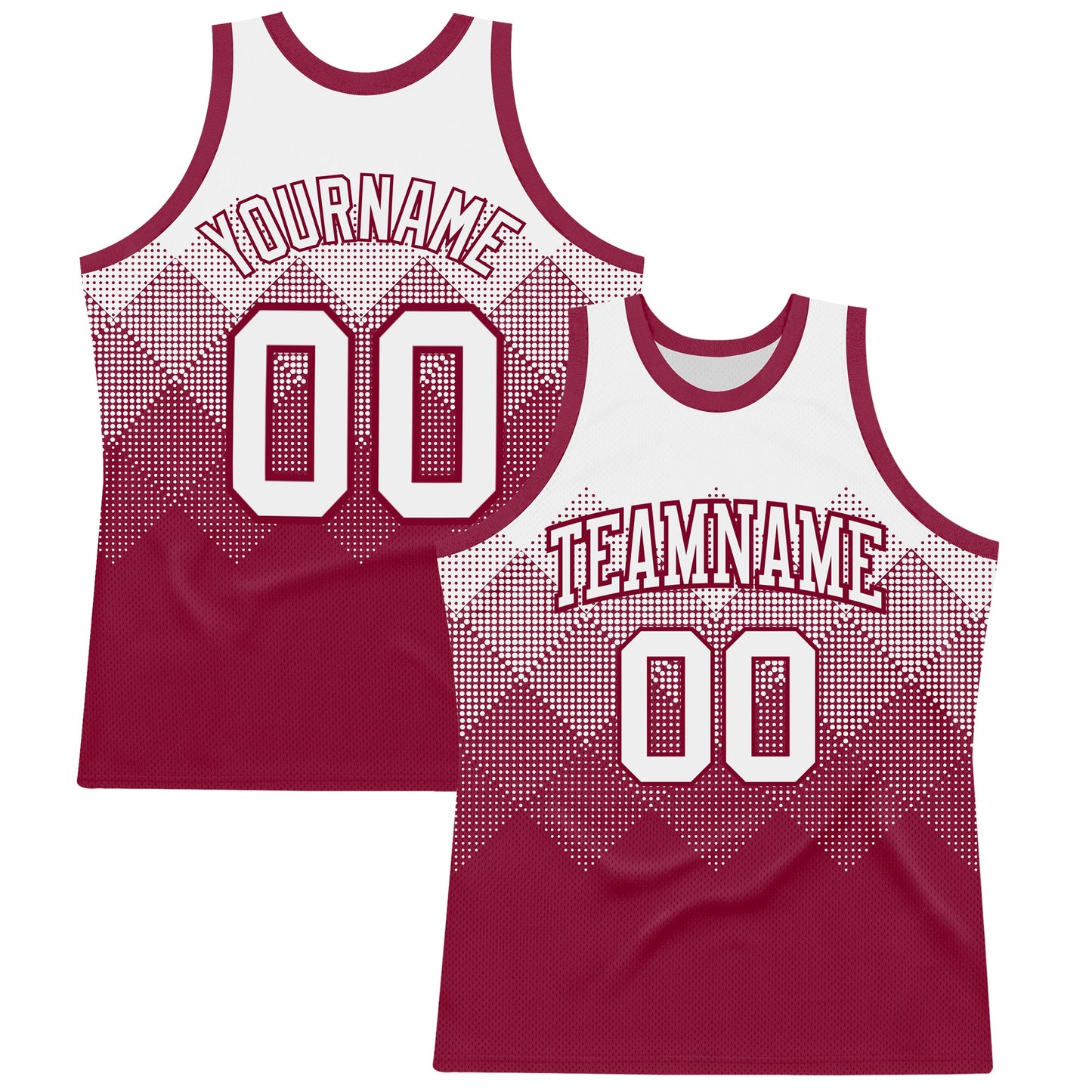 Custom White Maroon Gradient Square Shapes Round Neck Sublimation Basketball Suit Jersey