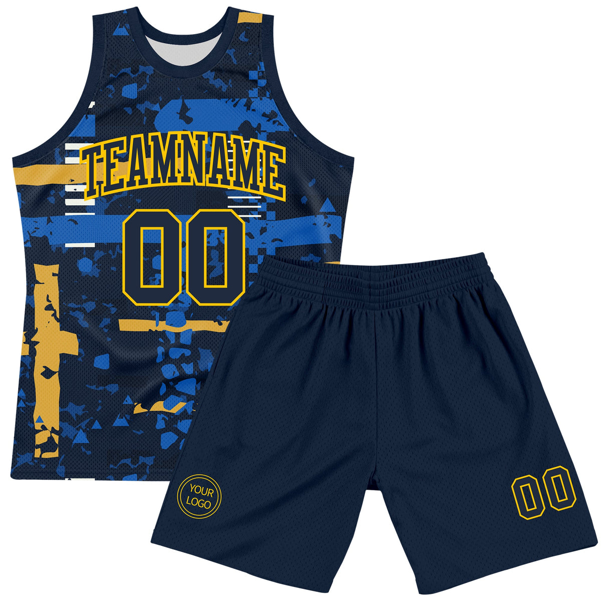 Custom Navy Yellow Abstract Shape Fragment Art Round Neck Sublimation Basketball Suit Jersey Limited