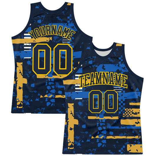 Custom Navy Yellow Abstract Shape Fragment Art Round Neck Sublimation Basketball Suit Jersey
