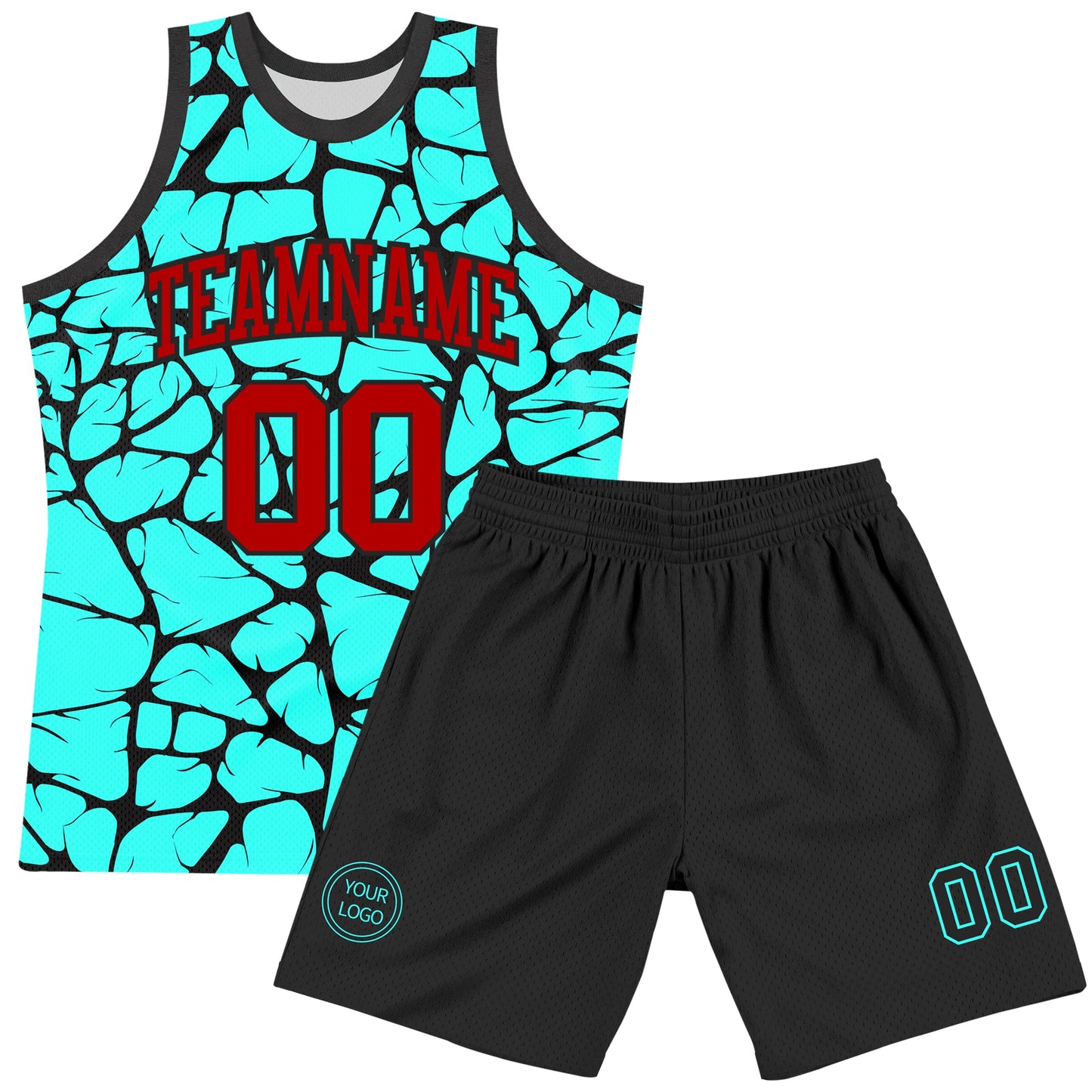 Custom Aqua Red-Black Abstract Network Round Neck Sublimation Basketball Suit Jersey Limited
