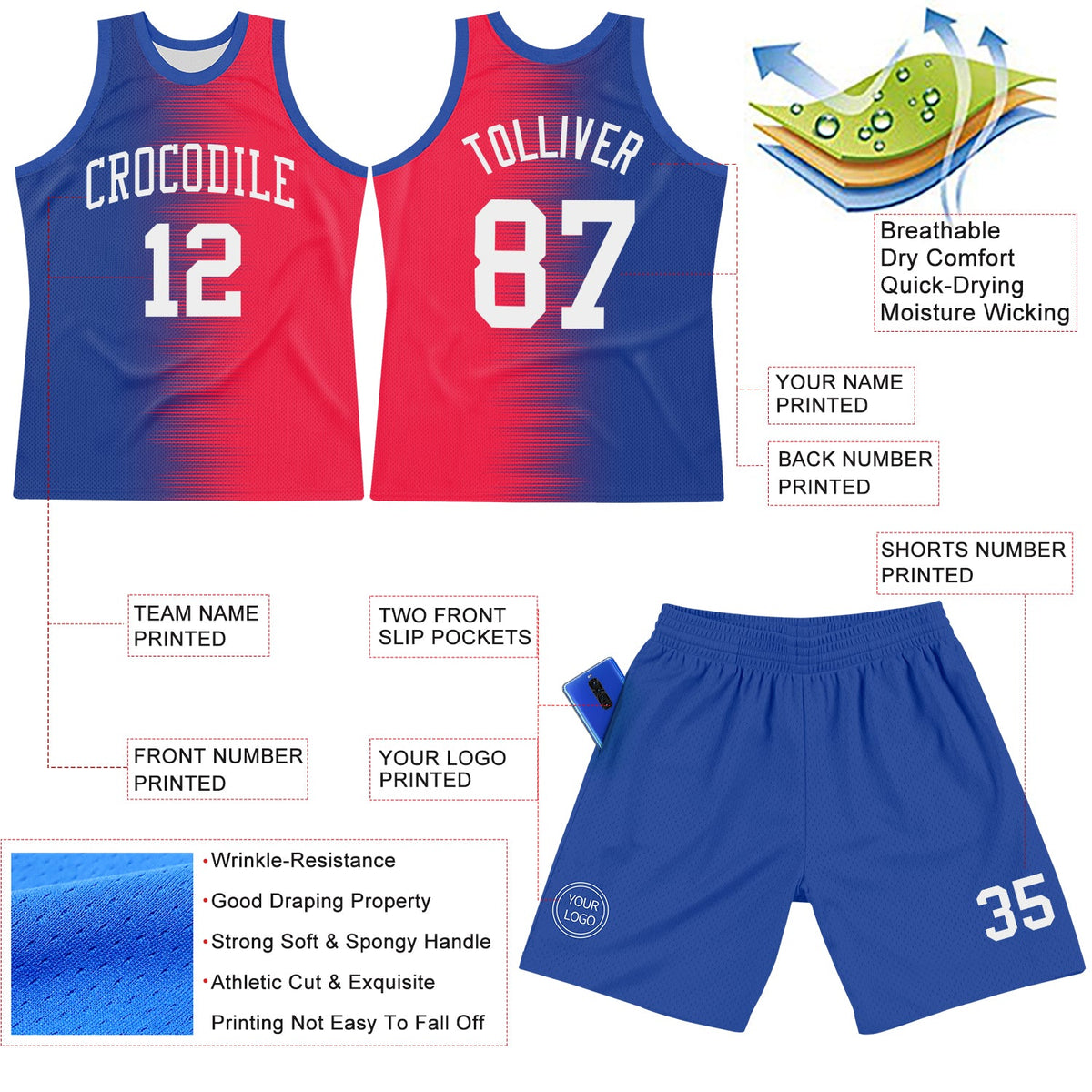 Custom Red White-Royal Gradient Line Round Neck Sublimation Basketball Suit Jersey Limited