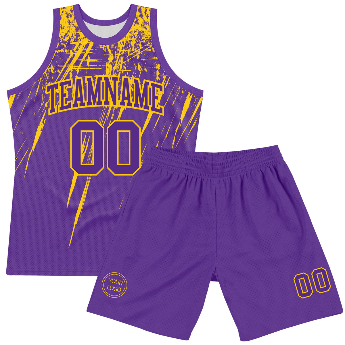 Custom Purple Yellow Splash Round Neck Sublimation Basketball Suit Jersey Limited