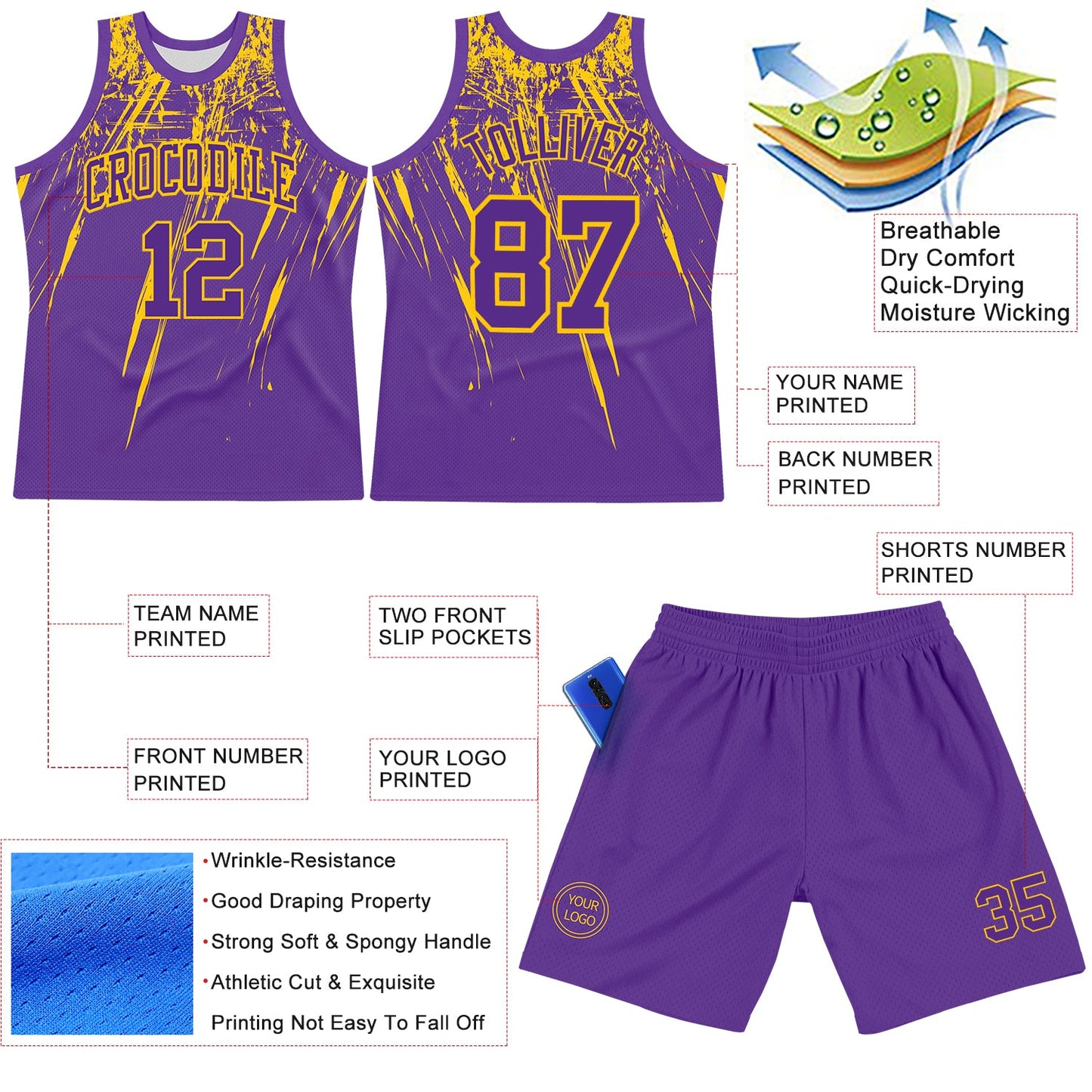 Custom Purple Yellow Splash Round Neck Sublimation Basketball Suit Jersey Limited
