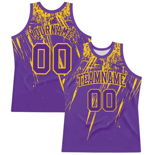 Custom Purple Yellow Splash Round Neck Sublimation Basketball Suit Jersey