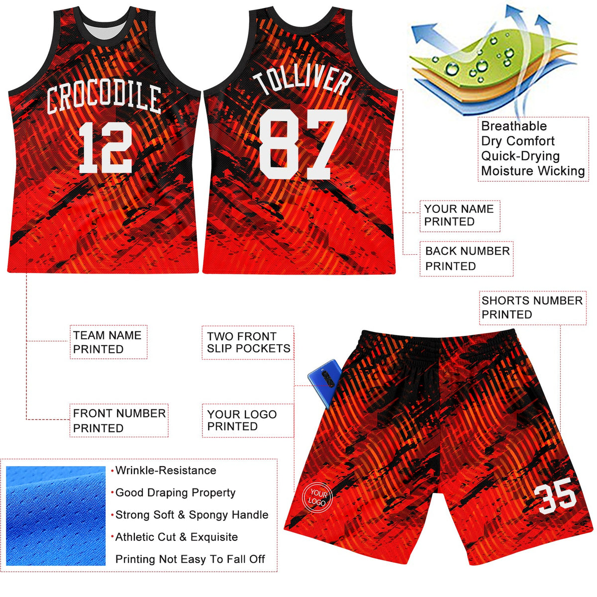 Custom Red White-Black Splash Round Neck Sublimation Basketball Suit Jersey Limited