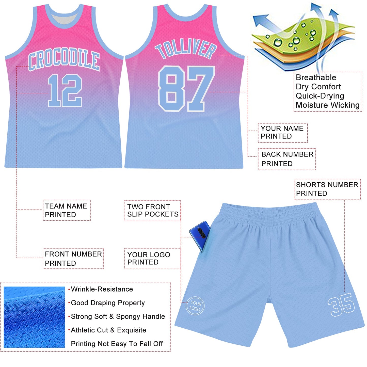 Custom Pink Light Blue-White Fade Fashion Round Neck Sublimation Basketball Suit Jersey Limited
