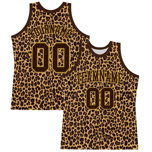 Custom Brown Old Gold Leopard Print Round Neck Sublimation Basketball Suit Jersey