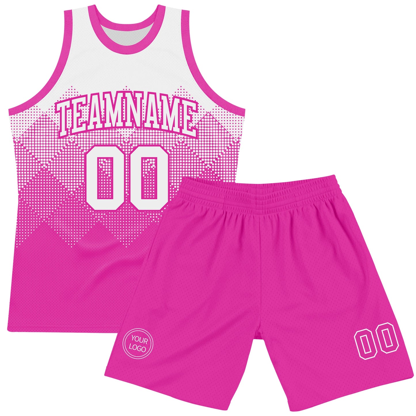 Custom White Deep Pink Gradient Square Shapes Round Neck Sublimation Basketball Suit Jersey Limited