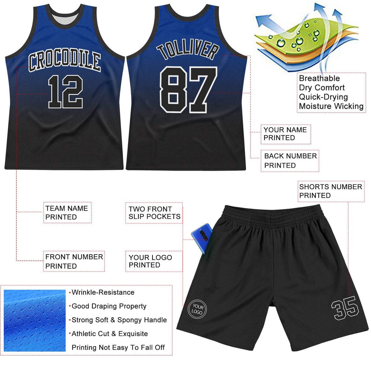 Custom Royal Black-White Fade Fashion Round Neck Sublimation Basketball Suit Jersey Limited
