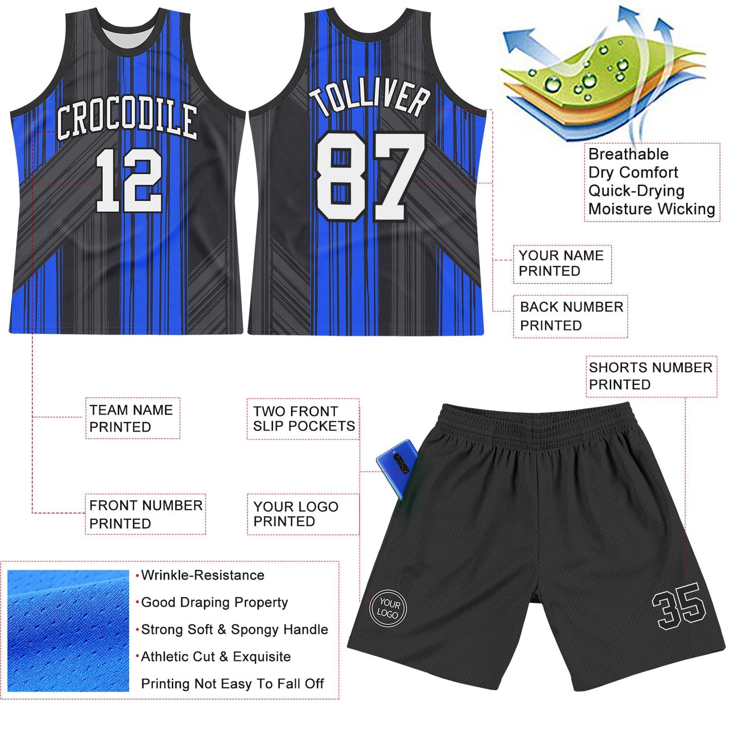 Custom Black White-Royal Line Round Neck Sublimation Basketball Suit Jersey Limited