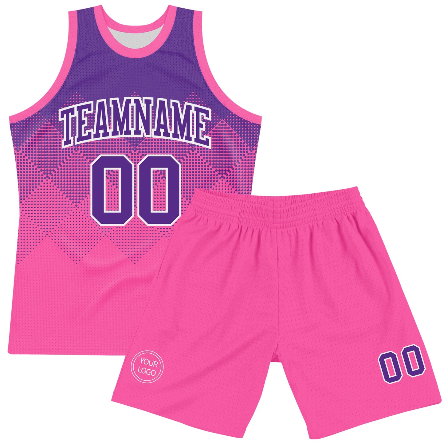 Custom Purple Pink-White Gradient Square Shapes Round Neck Sublimation Basketball Suit Jersey Limited
