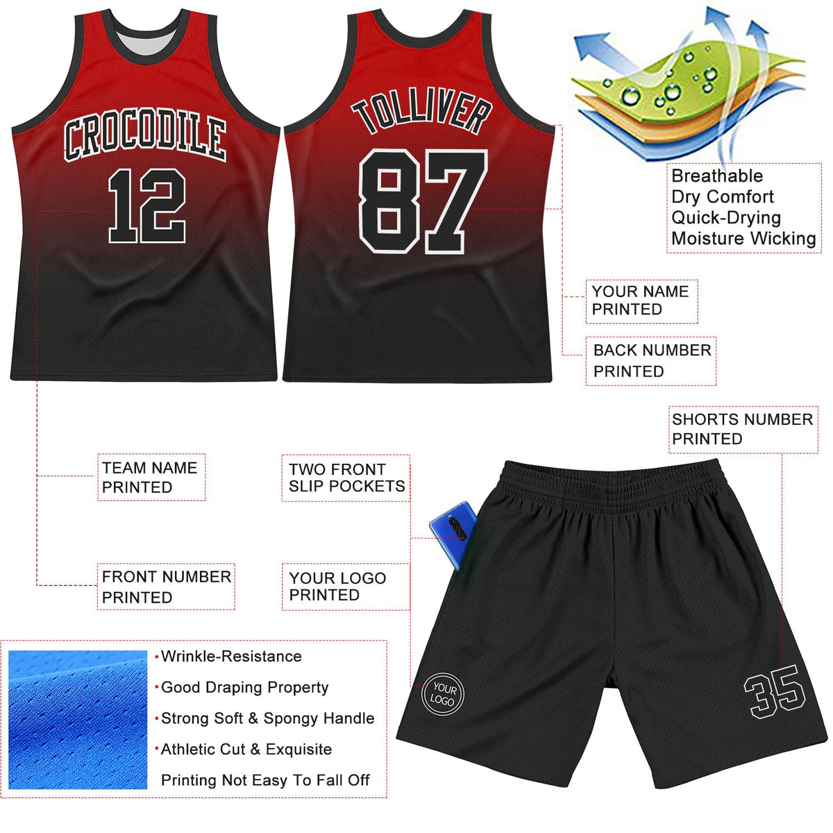 Custom Red Black-White Fade Fashion Round Neck Sublimation Basketball Suit Jersey Limited