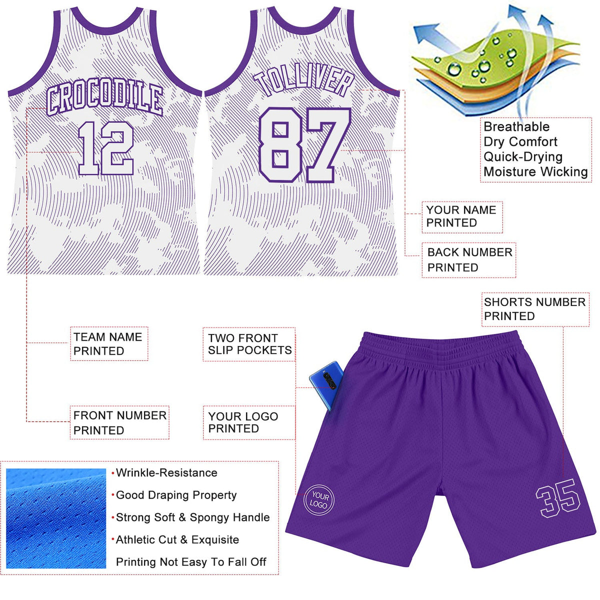Custom White Purple Curve Lines Round Neck Sublimation Basketball Suit Jersey Limited