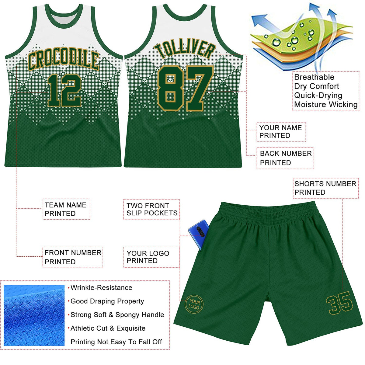 Custom White Green-Old Gold Gradient Square Shapes Round Neck Sublimation Basketball Suit Jersey Limited