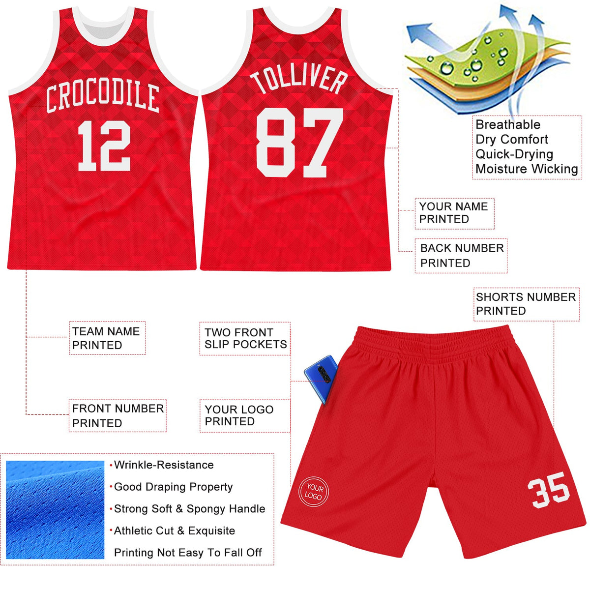 Custom Red White Geometric Shape Round Neck Sublimation Basketball Suit Jersey Limited